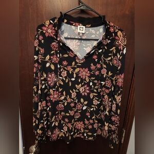 Anne Klein Long Sleeve Boho Blouse Sheer Floral Size Medium V Neck Ruffle Sleeve